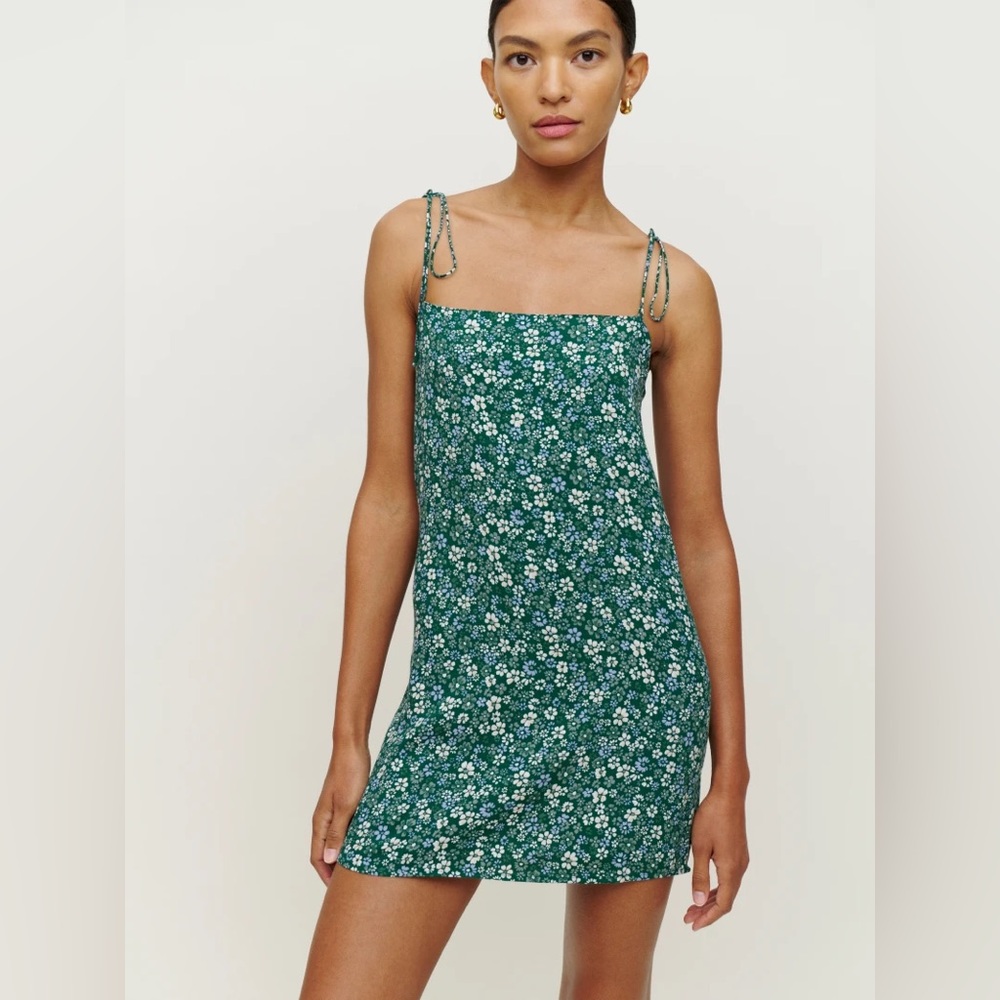Reformation Agean Mini Dress in Green Floral Print